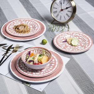 Melamine Dinnerware Sets - 12 Pcs Plates and Bowls Set,Unbreakable Dinner Dishes Set for 4,Lightweight, Dishwasher Safe, BPA Free,Indoor Outdoor use, Pink