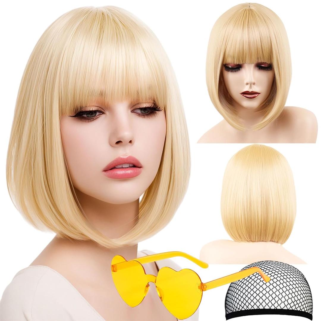Bob Wig, 12 Inch Short Blonde Bob Wig with Bangs,Straight Cosplay Wig,Heat Resistant,Adjustable Straps Wigs for Women Girl with Wig Cap