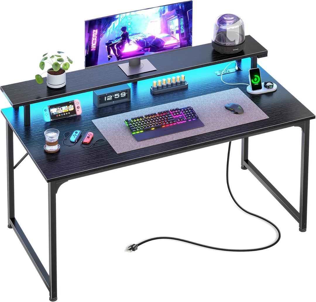 PRAISUN 40 inch Gaming Desk, LED & Power Outlets, Monitor Stand, Black