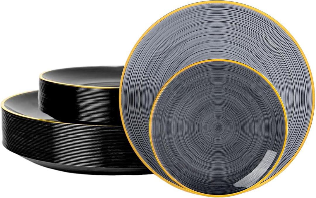 N9R 60PCS Black Plastic Plates with Gold Rim, Elegant Disposable Plates, Circular Ribbed Design, 30 Dinner & 30 Dessert Plate for Parties, Weddings, Halloween, Banquets and Events (Translucent Black)