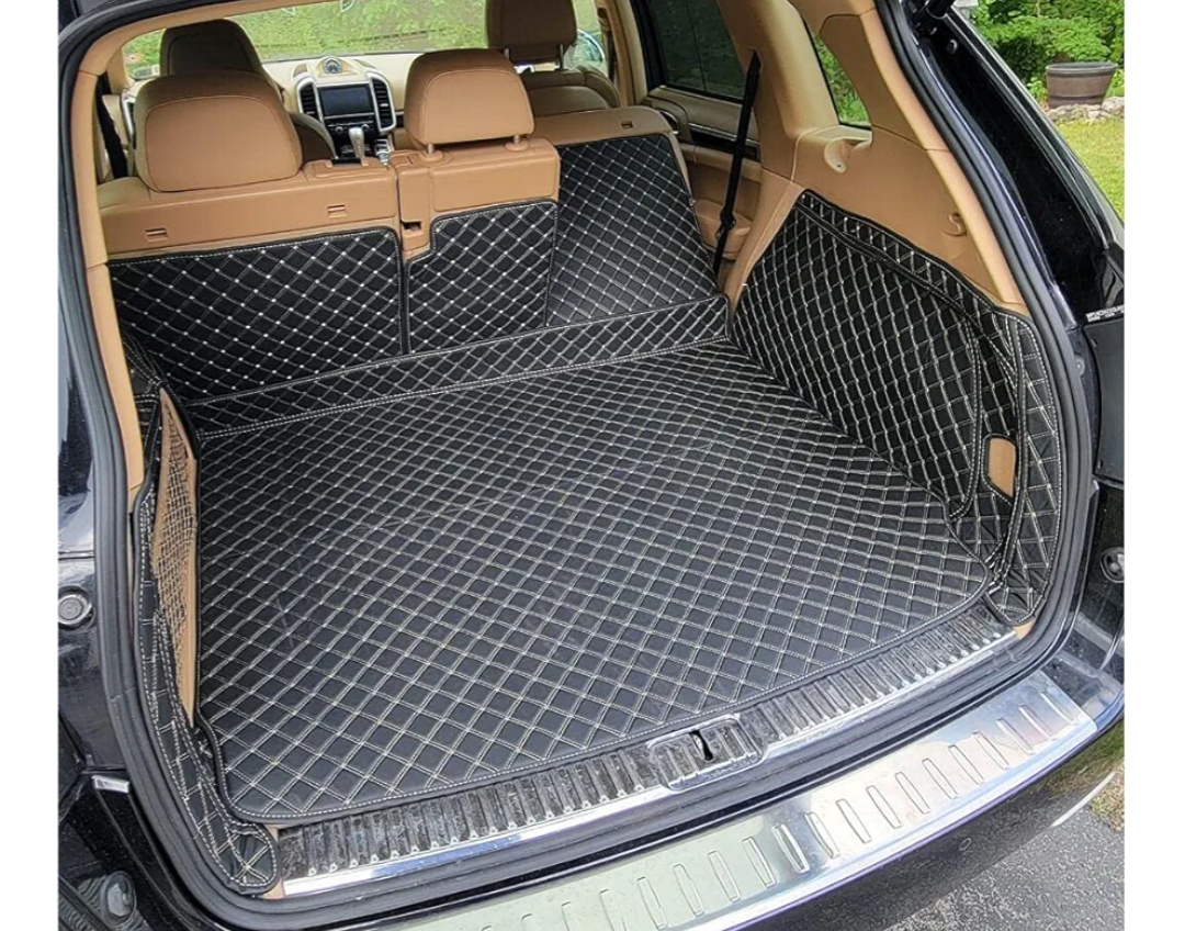Trunk Mat Compatible with Porsche Cayenne SUV Fuel(Non for Hybrid) 2019-2025 3D Full Coverage Cargo Liner Black with Gold Stitching