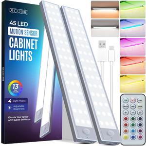DECOLURE Under Cabinet Lights (2 Pack) - Motion Sensored Wireless Under Counter Lights for Kitchen w/ 13 RGB Colors - Bright 45 LED Closet Lights, Indoor Lighting w/Rechargeable Long Lasting Battery