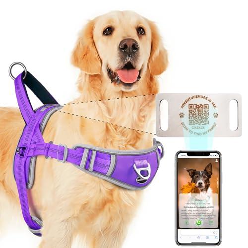 ADVENTUREMORE Dog Harness for Large Dogs No Pull with QR Code Dog Tag, Adjustable Reflective Breathable Dog Vest Harness with Easy Control Front Clip Handle for Training Walking, XXL Purple