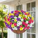Realistic Artificial Hanging Flowers for Outdoors with Basket, 1 Set Large Size UV Resistant Artificial Outdoor Flowers, Full Faux Outdoor Flowers Fake Hanging Flowers for Porch, Front Door, Garden