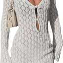GORGLITTER Women's Crochet Bikini Cover Up Dress Cut Out Long Sleeve Beach Bathing Suit Swimsuit Outfits (White, M)