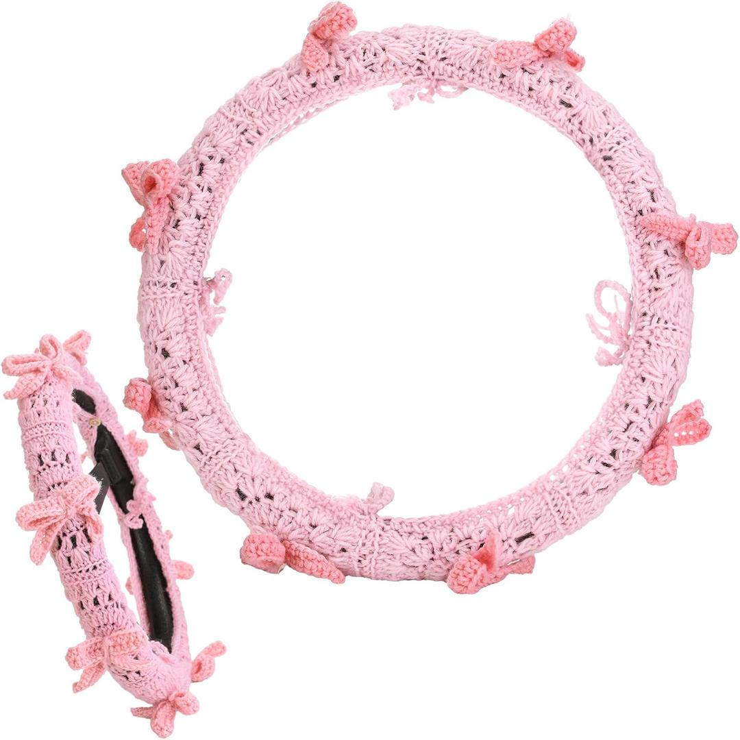 Coquette Pink Bow Crochet Steering Wheel Cover Handmade Pink Crochet Steering Wheel Cover with Bow Cute Car Accessories for Women