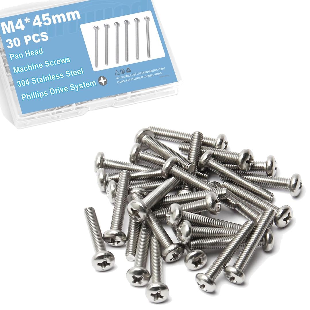 30Pcs M4x45mm Machine Screws Pan Phillips Cross Pan Head M4-0.7mm 1-3/4 in Screw Truss Bolts 304 Stainless Steel Metric Fully Thread Fasteners Bolts for Furniture Repairs and 3D Printer