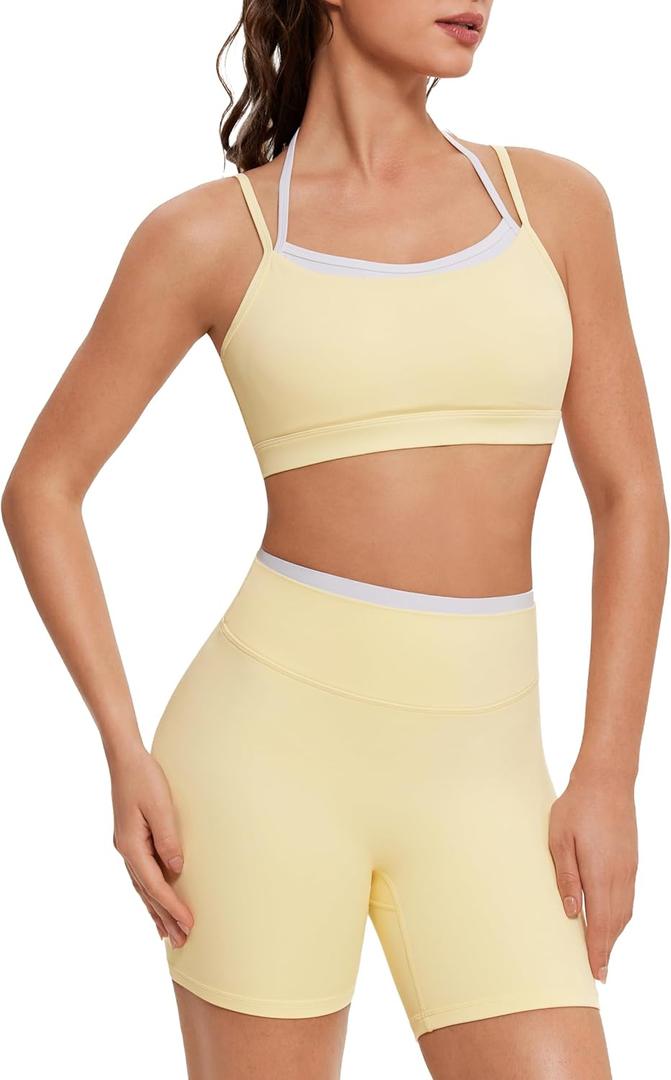 OMKAGI Workout Sets for Women Cute Doubel Layer Open Back Sports Bras Gym Shorts Outfits, Medium