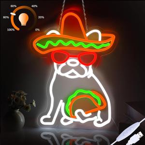 Tacos Dog Neon Signs for Wall Decor,Taco Bar Dog Sign Dimmable, French Bulldog LED Neon Light Up Sign for Mexican Restaurant Decor,Fast Food Shop Bar Wall Decoration,Gifts for Tacos lover(15.8x12)