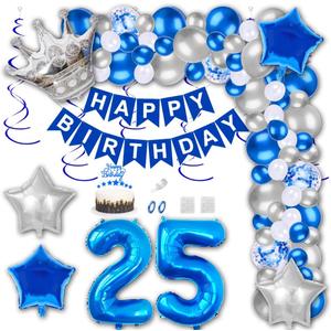 25th Birthday Party Decorations Blue Happy Birthday Banner Latex Confetti Balloons Number 25 Foil Balloon Silver Crown Star Mylar Balloon Cake Topper for Men Women Anniversary Party Supplies