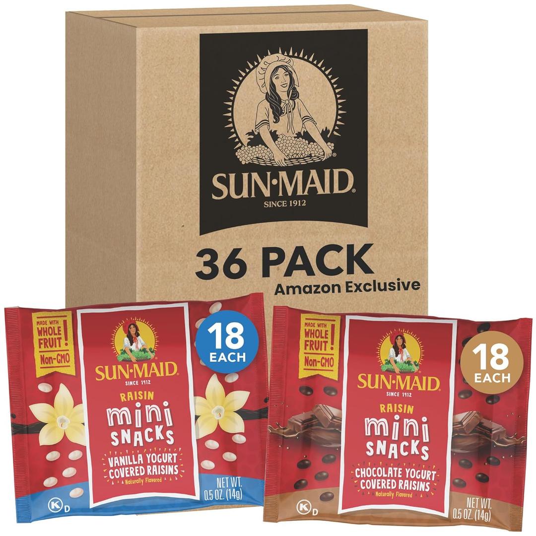 Sun-Maid Vanilla & Chocolate Yogurt Coated Raisins Variety Pack - (36 Pack) 0.5 oz Mini Snack-Size Bag - Yogurt Covered Dried Fruit for Lunches and Back to School Snacks BB 8/13/26