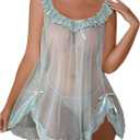 OYOANGLE Women's 2 Piece Mesh Sheer Floral Lace Babydoll Slip Dress Nightgowns and Thong Lingerie Set (Size X-Large, Green)
