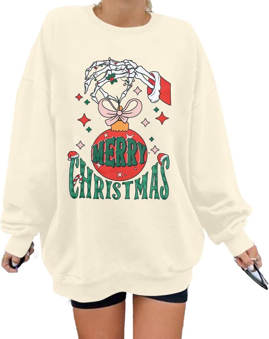 MNLYBABY Ugly Christmas Sweatshirt Women: Oversized Xmas Movie Pullover Christmas Crewneck Shirt Merry Creepmas Tops (Large, Apricot)