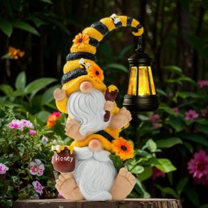 Solar Bee Garden Gnomes with LED Lantern Waterproof Stacked Outdoor Decor for Yard, Patio Unique Gnome Gift for Women, Mom, Grandma (Weatherproof Resin, Outdoor Statues)