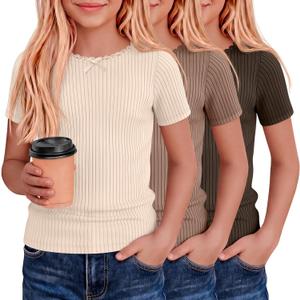 3 Pack Girls Short Sleeve Shirts Ribbed Knit Crew Neck Lace Trim Tops Slim Fit Casual Summer T-Shirts Tees for Kids 13-14Y