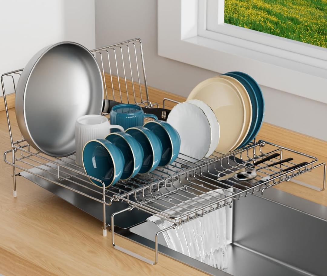 Dish Drying Rack - Stainless Steel Expandable Large Dish Drainer for Kitchen Counter, with Stainless Drain Board Rustproof Collapsible Organizer Space Saving