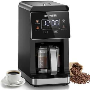 AIRMSEN Grind & Brew Coffee Maker with Built-in Grinder, Programmable Single Serve Coffee Maker - 5 Cup-800ML, 3 Grind Settings, Auto Keep Warm & Glass Carafe for Small Home and Office (Pure Black)