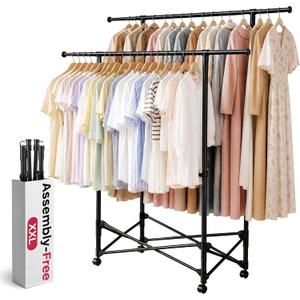 No-assembly Clothes Rack，Double Rod 59-Inch Rolling clothing rack