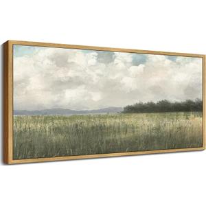 KUVIOKE Vintage Landscape Framed Wall Art 20x40in Large Abstract Meadow Field Wall Prints Classic Retro Farmhouse Rustic Decorations for Living Room Bedroom (Natural Framed) (40L" x 20W")