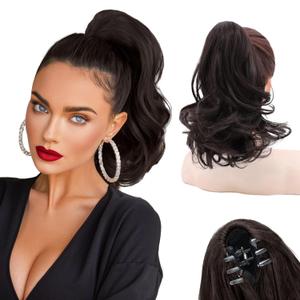 NAYOO Claw Clip Ponytail Extension Dark Brown 12" Short Wavy Ponytail Clip in Hair Extensions for Women Curly Natural Layered Pony Tails for Short Thin Hair Synthetic Hairpiece(Dark Brown)
