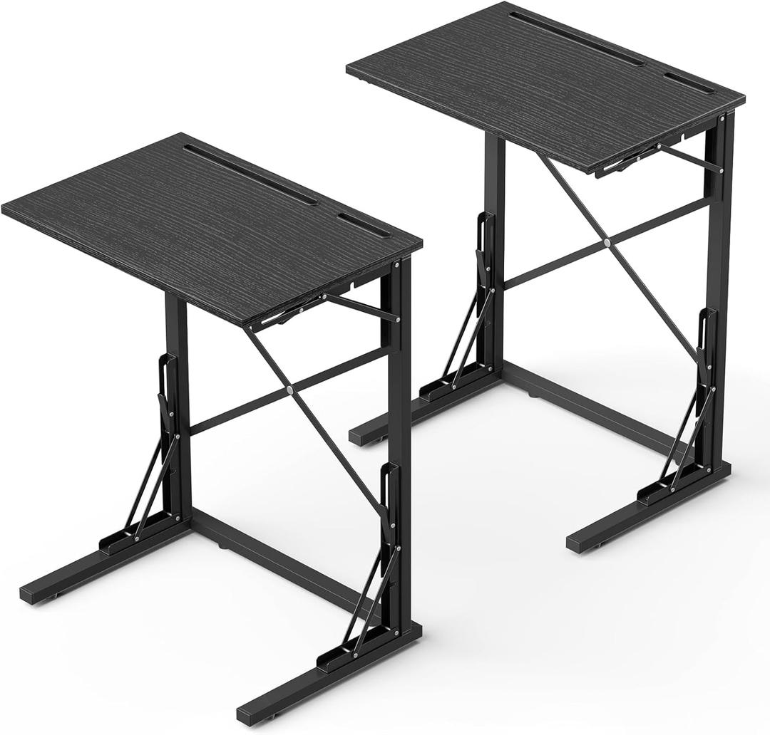 21''Wx28''H TV Tray Set of 2, Small Foldable C-Shaped End Table for Eating with Tablet and Phone Slots, Slide Under Couch Side Table for Recliner, Living Room, Bedroom, Black