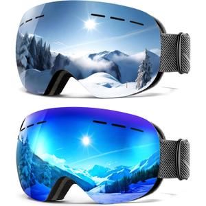 2Pack Ski Goggles for Men Women Snow Goggles Anti fog Snowboard Goggles with 100% UV Protection (B01 Black Frame Argent Lens/Black Frame Ice Blue Lens)