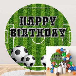 Polyester Diameter 7.5ft Happy Birthday Round Backdrop Soccer Theme Soccer Stadium Soccer Photo Background Football Fans Soccer Lovers Birthday Party Baby Shower Decoration