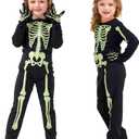 Kids Skeleton Costume Glow in the Dark Skeleton Costume Halloween Toddler Ghost Onesie with Gloves for Boys Girls 3-4