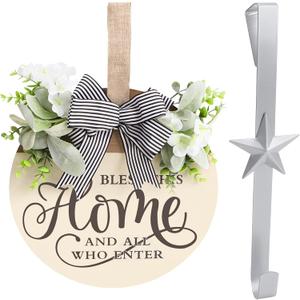 Rustic Round Wood Wreath for Front Door with Home Sign & Metal Hook, All Seasons Outdoor Wreath for Porch Wall Decor, Spring Summer Fall Holiday Decorations, Halloween Christmas Housewarming Gifts