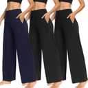 TNNZEET 3 Pack Women's Wide Leg Pants with Pockets - Casual Loose Yoga Trouser Pants Sweatpants Palazzo Lounge Pajama Pants (Medium, Black, Black, Navy Blue)