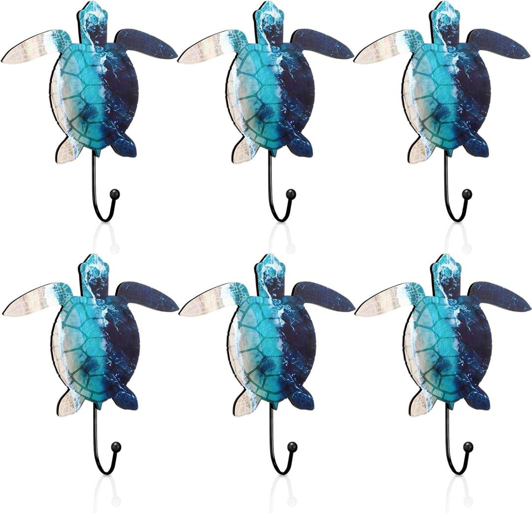 DoubleFill 6 Pcs Sea Turtle Wall Hooks Wooden Towel Hooks Decorative Hawaiian Tropical Wall Hangers Vintage Summer Towel Hangers Decor for Beach Pool Bathroom Bedroom Decoration