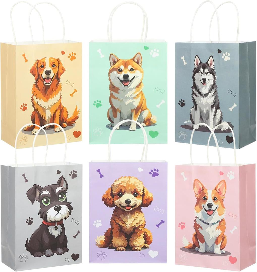 12 Pieces Puppy Dog Party Favor Bags Cute Doggy Paper Goodie Gift Bags with Handles, Dog Paw Print Candy Treat Storage Container for Pet Puppy Themed Birthday Baby Shower Decorations