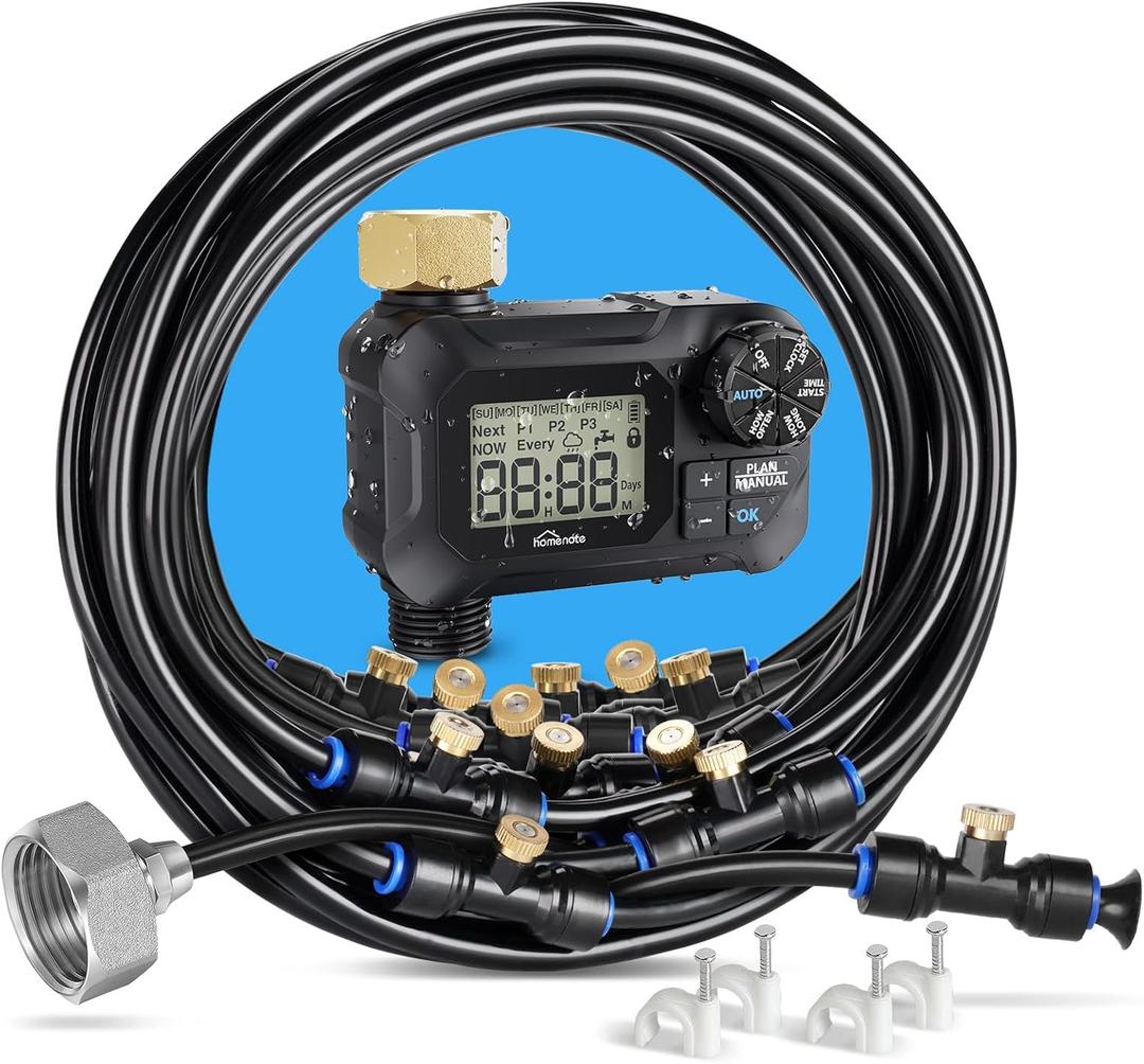 homenote Automatic Misting Cooling System with Timer, 91.8FT Misting Line, 26 Brass Nozzles, and 3/4" Brass Adapter for Patio Cooling and Garden Watering