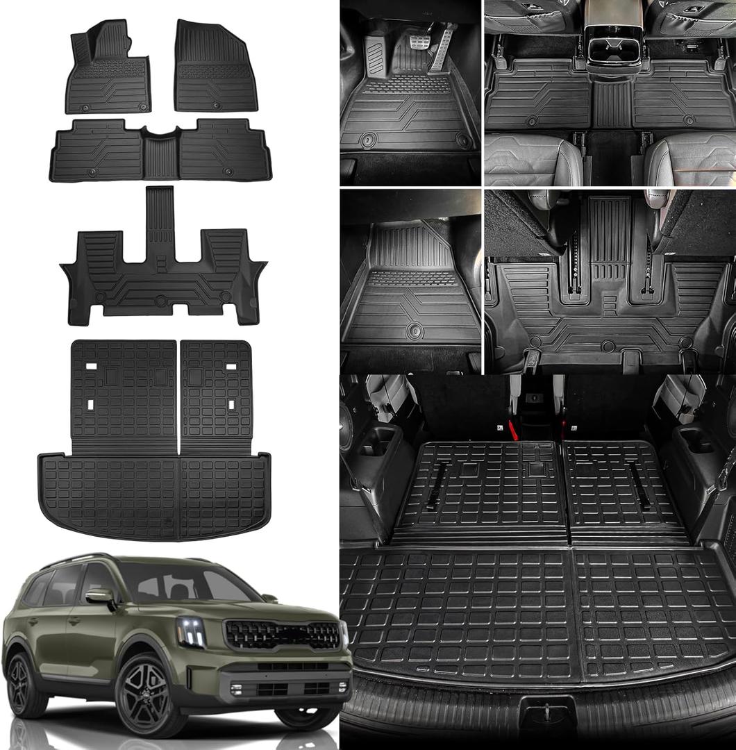 Rongtaod Floor Mats Compatible with 2020-2025 Kia Telluride 7&8 Seats Trunk Mat Cargo Mat Cargo Liner Back Seat Cover Protector 2024 Telluride Accessories (Trunk Mat with Backrest Mat+Floor Mats)