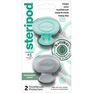 Steripod Clip-On Toothbrush Protector with Peppermint Essential Oils, Keeps Toothbrush Fresh and Clean, Travel Accessories, Fits Most Manual and Electric Toothbrushes, 2 Count (Teal,grey)