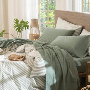 MooMee Bedding Sheet Set 100% Washed Cotton Linen Like Textured Breathable Durable Soft Comfy (Heathered Green, King)