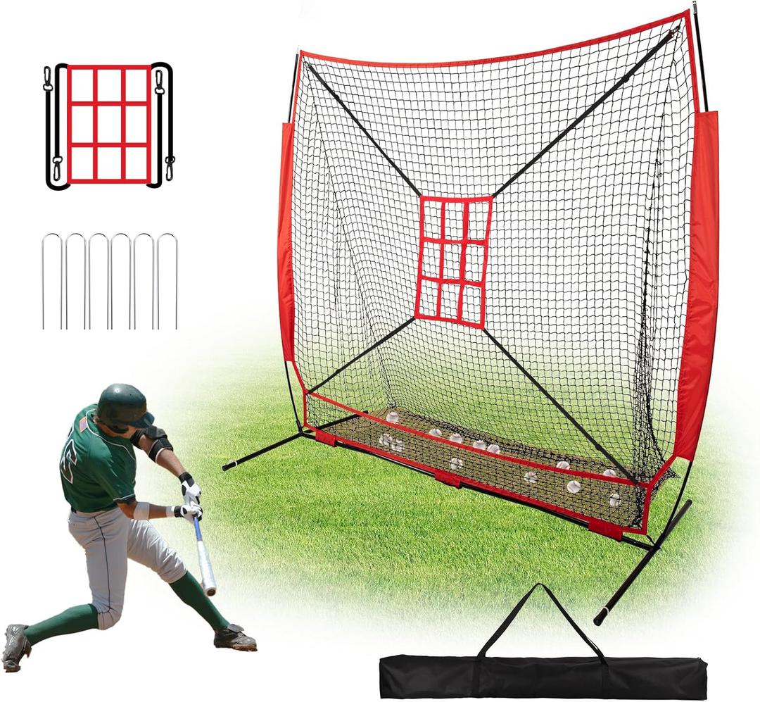 7x7 ft Baseball Net with Large Ball Collection System, Baseball&Softball Hitting Net, Baseball Nets for Batting with Carry Bag and U-shaped Ground Nail, Baseball Training Equipment for Pitching