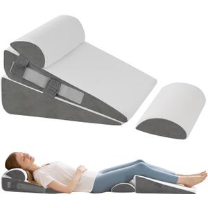 4Pcs Wedge Pillow Set for After Surgery,Acid Reflux Relief, Adjustable Bed Wedge Pillows for Sleeping,Anti Snore, Memory Foam Triangle Pillow for Back&Neck&Shoulder Pain Relief, White&Grey