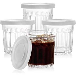 Glass Cups with Lids Set of 4,13.5oz Thick Drinking Glasses, Heavy Duty Glass Tumblers, Stackable Food Storage Jars, Clear Picardie Style Glassware