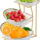 Fruit Bowl for Kitchen Counter, 3-Tier Fruit Basket, Ceramic Fruit Bowl with Metal Stand for Fruit, Vegetable Storage, Snack, Nuts, Dessert, Cake, Stylish & Cute