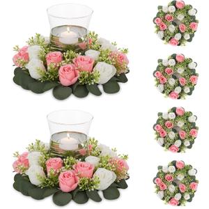 NUPTIO Artificial Flowers Candle Rings - 6 Pcs 14 inch Diam Large Pink & White Fake Roses Wreath Wedding Centerpieces for Tables Spring Summer Wreath for Front Door Weddings Party Ceremony Decor