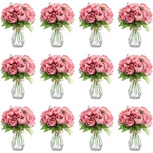 Zeyune 37 Pack Artificial Peonies Flowers with Bud Vase Bulk 24 Bundles Silk Peonies Bouquets 12 Plastic Clear Vase with 1 Rope Fake Flowers for Table Centerpiece Vases(Dark Pink,Perfume)