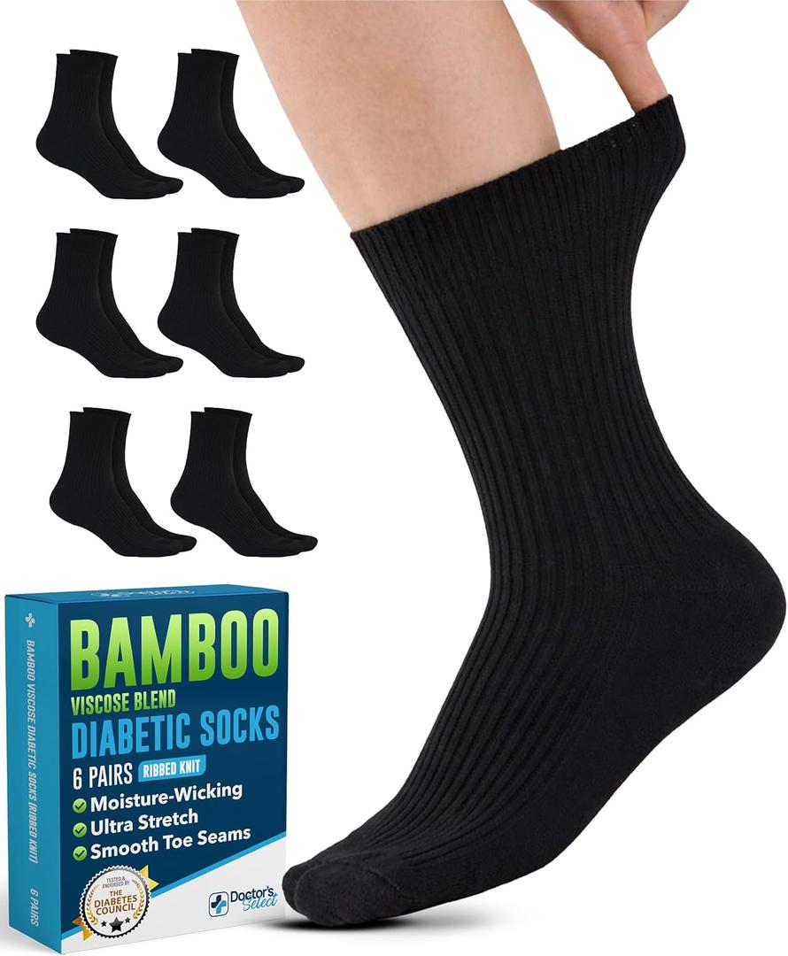 Doctor's Select Bamboo Viscose Diabetic Socks for Women & Men - 6 Pairs Non Binding Viscose Bamboo Socks for Swollen Feet (Large)