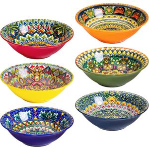Henten Home Porcelain Soup Bowl Set of 6, Colorful 30 oz Ramen Bowls Set, Ceramic Bohemian Serving Bowl for Noodle, Cereal, Salad, Microwave & Dishwasher Safe