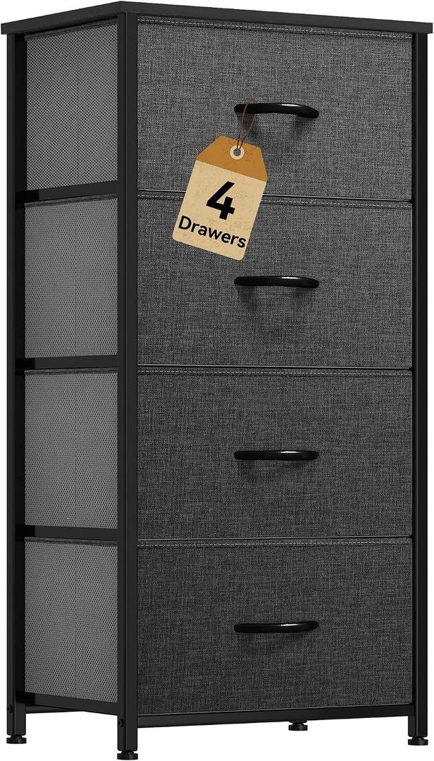DWVO Storage Tower with 4 Drawers - Fabric Dresser, Organizer Unit for Bedroom, Living Room, Closets - Sturdy Steel Frame, Easy Pull Fabric Bins & Wooden Top, 11.8"D x 17.7"W x 37.4"H