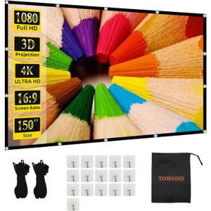 Projector Screen TOWOND 150 inch Projection Screen Indoor Outdoor Washable Anti-Crease 16:9 HD Rear Front Movies Screen for Home Theater Office