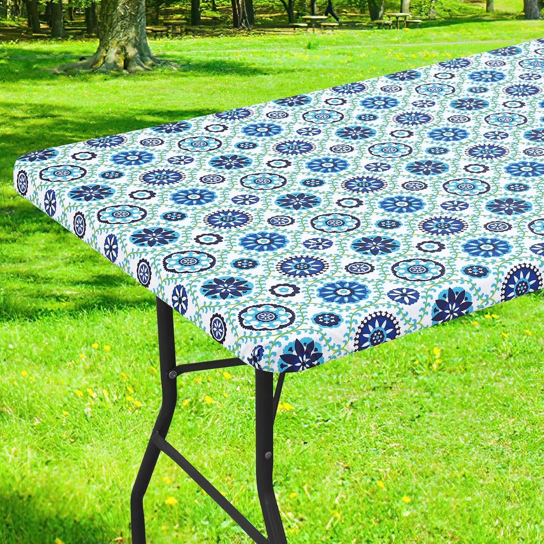 Smiry Rectangle Table Cloth Cover, Waterproof Elastic Fitted Picnic Tablecloth for 5 Foot Tables, Wipeable Flannel Backed Vinyl Tablecloths for Camping, Dining, Outdoor (Navy & Green, 30" x 60")