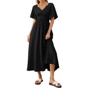 Kate Kasin Womens Short Sleeve Maxi Dress, Casual Summer Dress with Pockets, Beach Vacation Dresses 2026 (Black, L)