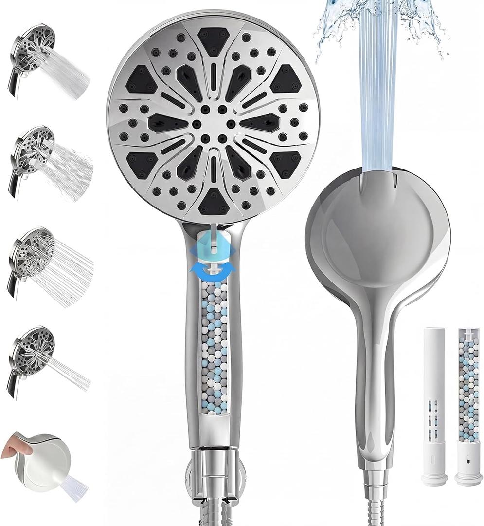High Pressure Handheld Shower Head, 5" Large 10-Mode Filtered Showerhead with 59" Stainless Steel Hose, Hard Water Filter, Detachable Sprayer for Bathroom, Tile Cleaning & Pet Bathing(Premium Chrome)