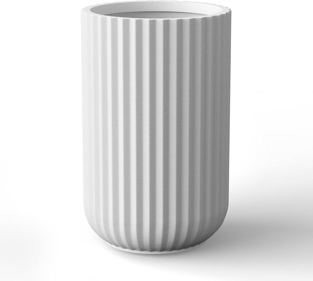 Kante Tall Fulted Planter, 17.7 Inch Tall Round Concrete Plant Pots with Drainage Hole and Rubber Plug, Modern Decor for Indoor Outdoor Plants, Flower, White, 11"w x 17.7" h